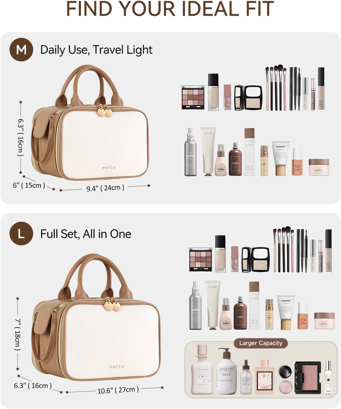 Prite Makeup Bag for Women, Large Capacity Waterproof Travel Cosmetic Organizer, Portable Open Flat