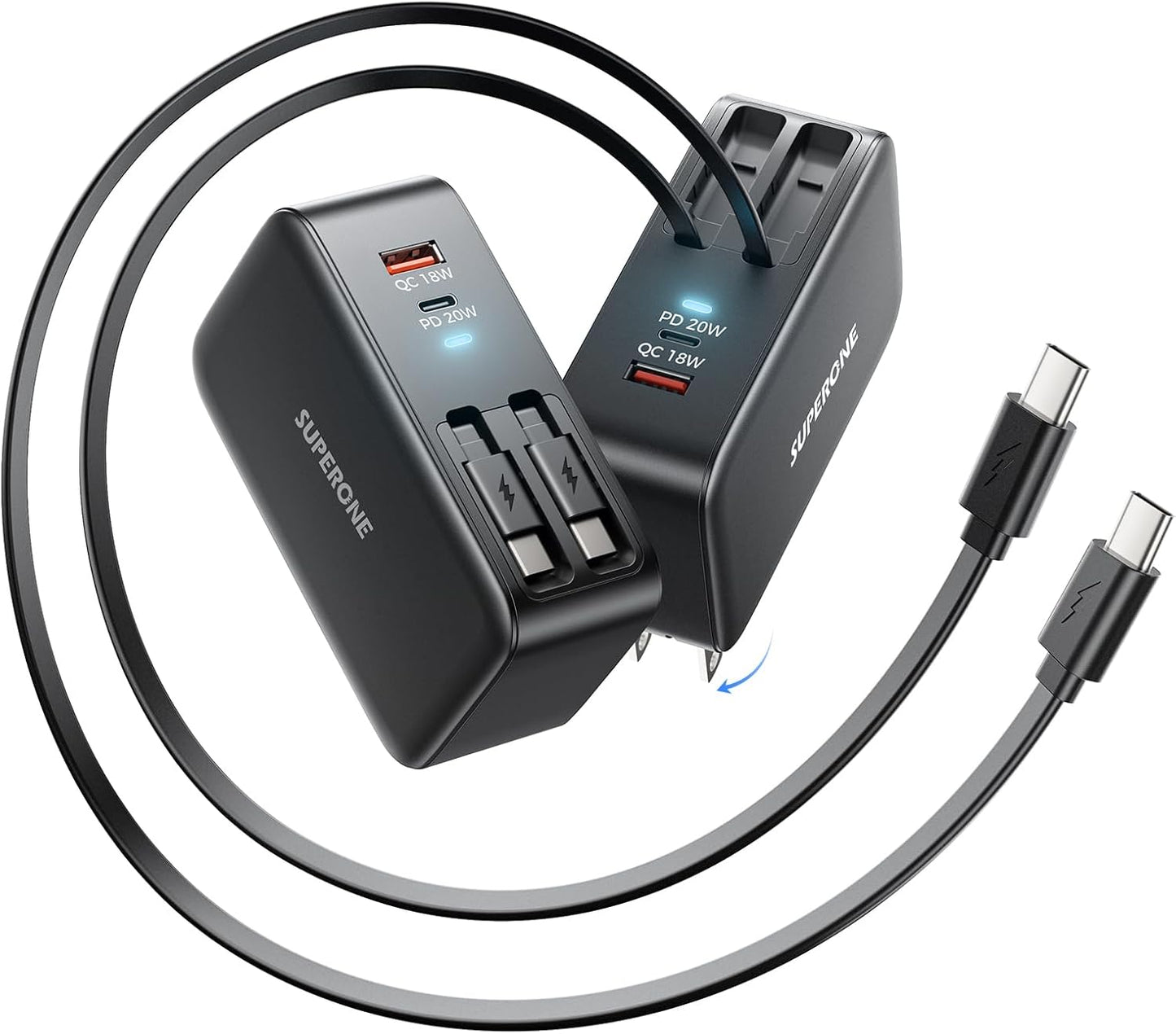 SUPERONE Retractable iPhone Charger, 4-Port USB C Charger Block (Dual Type-C Cables - Black)
