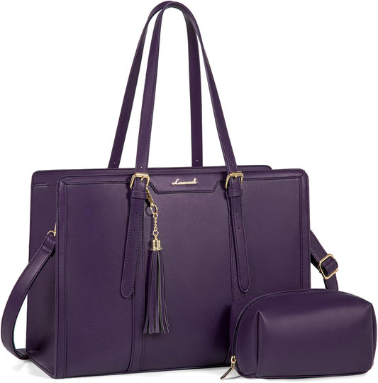 LOVEVOOK Laptop Bag for Women 15.6 inch Lightweight PU Laptop Tote Bag, Large Capacity Computer bag with Clutch Purse for Business, Work, Office, Travel,School，Casual（Dark Purple，15.6 Inch）