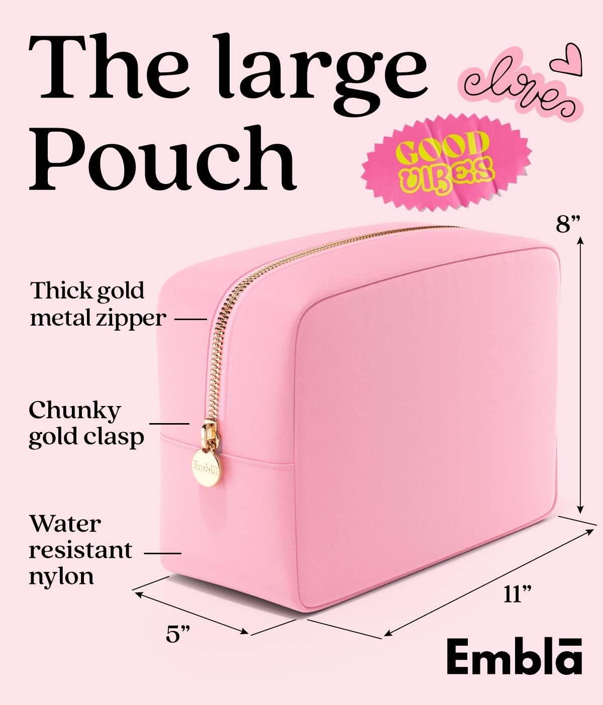 Embla Makeup Bag Travel Cosmetics Pouch and Toiletry Bag, Nylon Zipper Pouch Purse, Cute Make Up Organizer Storage Tote for Women Girls, Travel Skincare Case, Large Makeup Bags, Flamingo Pink