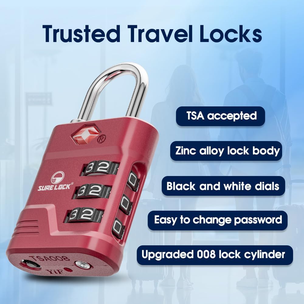 SURE LOCK TSA Locks for Luggage, TSA Approved Luggage Locks with Open Alert, TSA008 Key for High