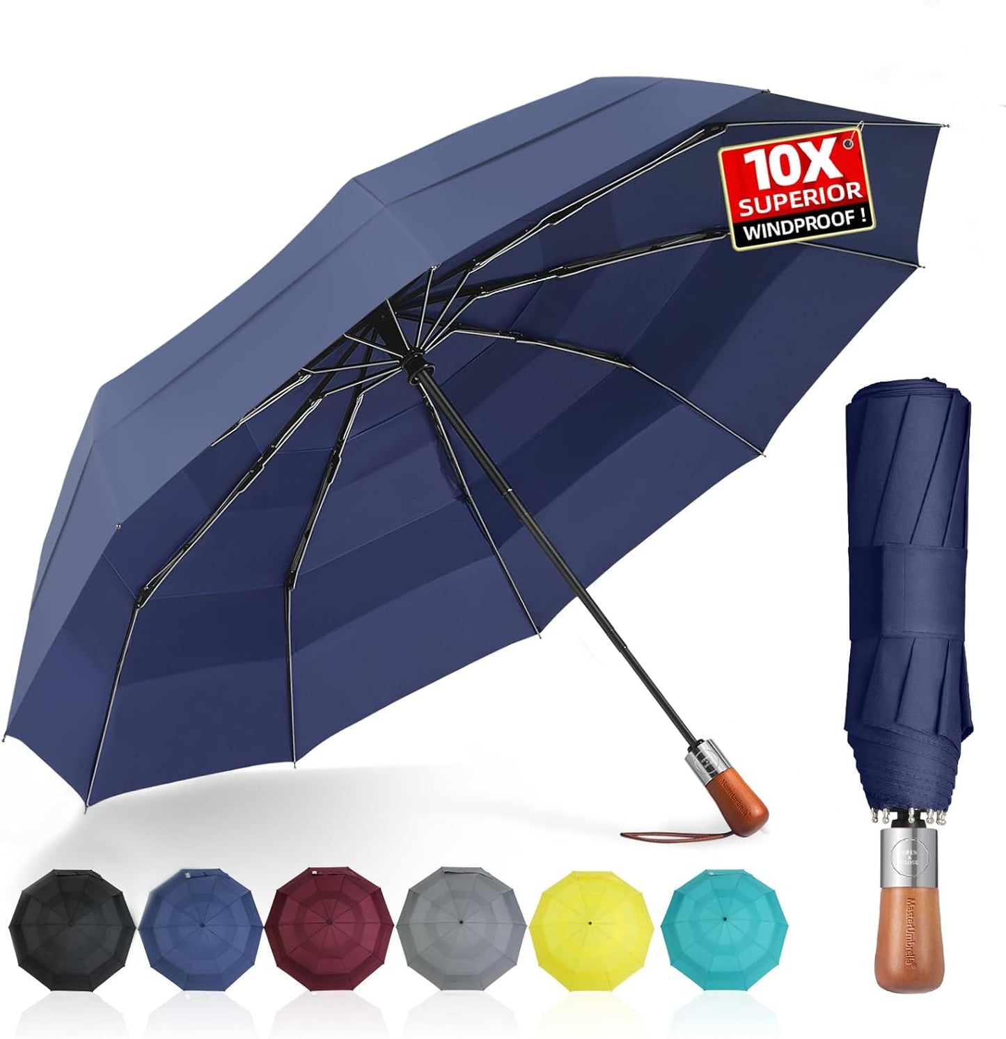 Umbrellas for Rain, Heavy-Duty Windproof Travel Umbrella — Auto Open/Close, Vented Triple-Layer Canopy, 10 Fiberglass Ribs, Folding Design, Large Coverage, Wooden Handle