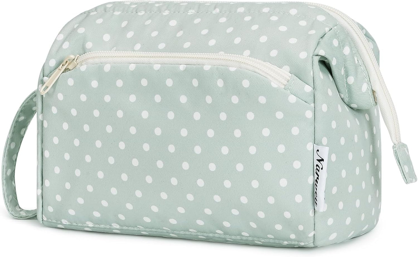 Narwey Large Women Makeup Bag Wide-open Make up Bag Travel Cosmetic Organizer Toiletry Bag for Cosmetics Toiletries Accessories (Mint Green Polka Dot)