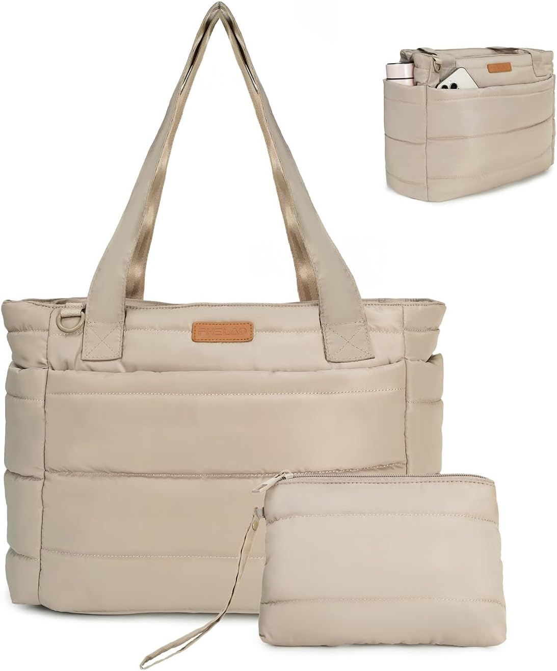 Tote Bag for Women, Quilted Puffer Work Bag for Nurse with 16" Laptop Pocket, Puffy Travel Shoulder Bag for School Gym