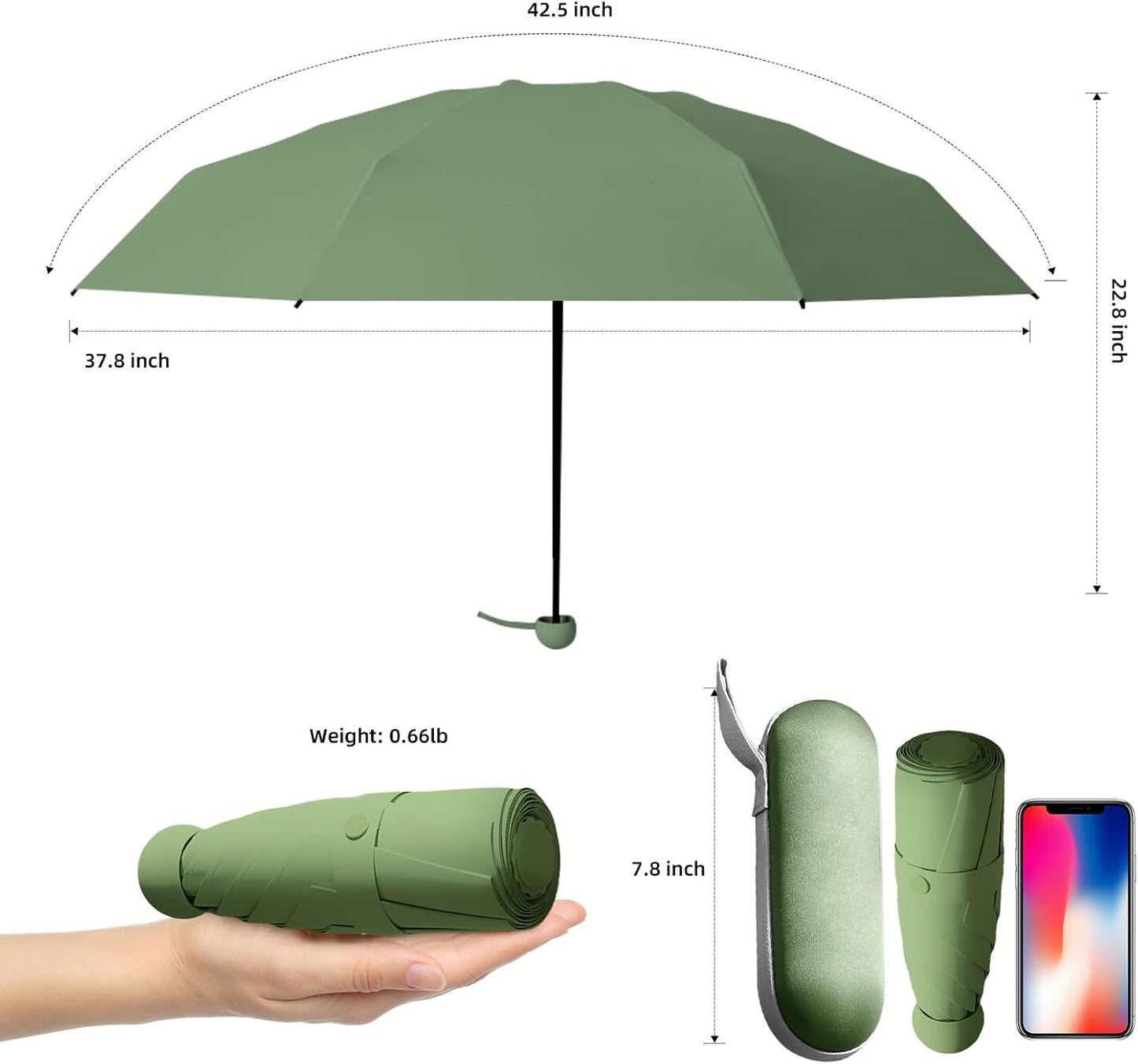 Travel Mini Folding Compact Umbrella with Case, 8 Ribs Lightweight Portable, Small Sun & Rain Pocket Umbrella for Girls and Women
