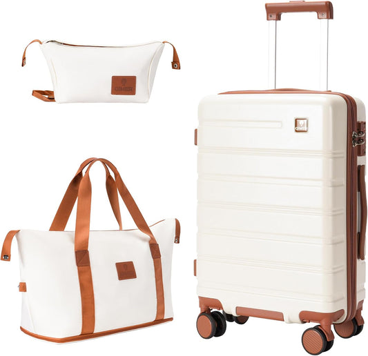 Carry on Luggage Set, 20 Inch Suitcase with 100% PC hardshell, Lightweight TSA Locks Quiet Spinner Wheels Durable Zipper, Travel Luggage for Men and Women, Y01 Beige(20"/DB/TB) Slightly Small