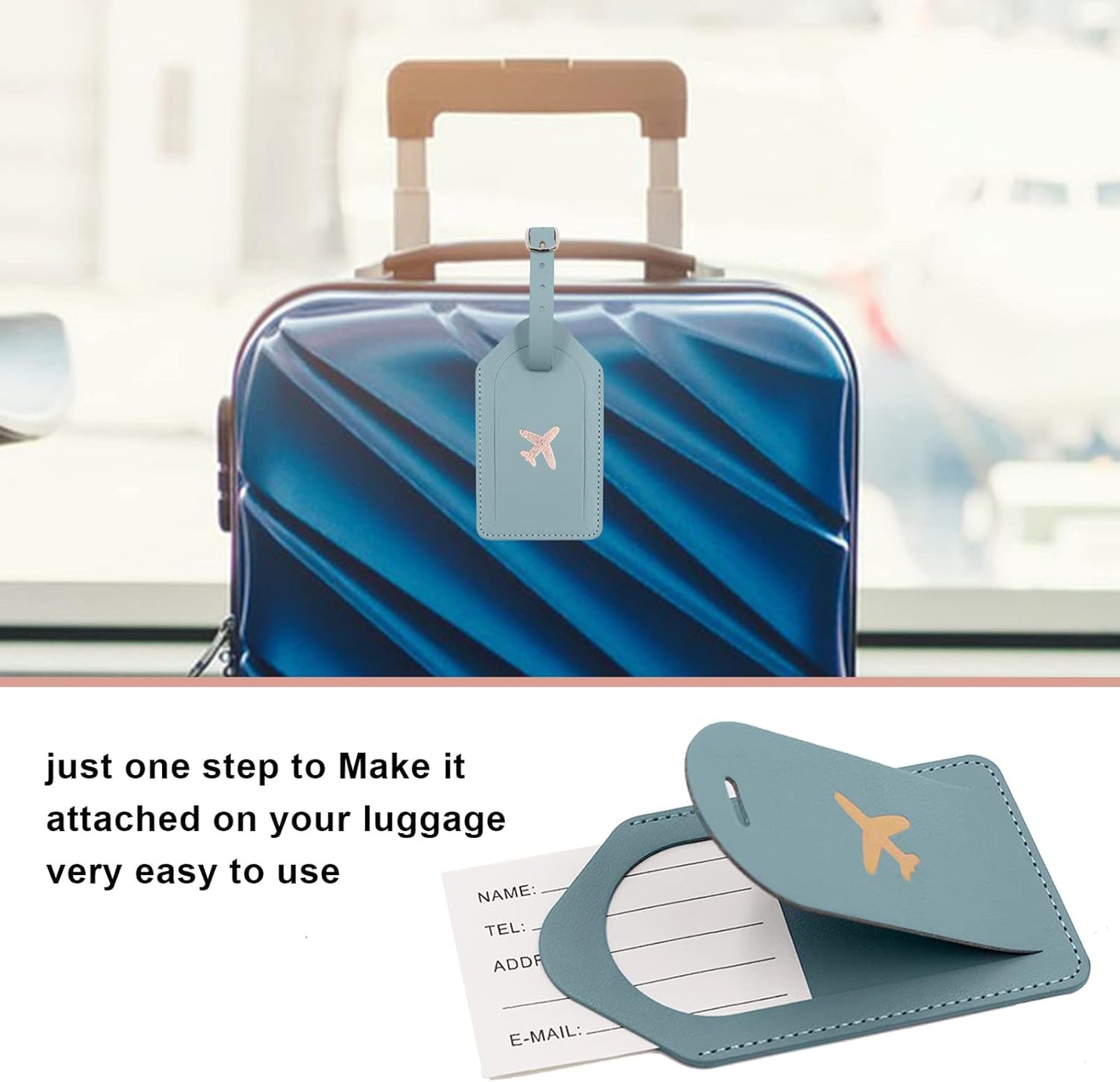 Real Leather Wallet RFID Passport Holder with Suitcase Tag Set Card Slots (Blue)