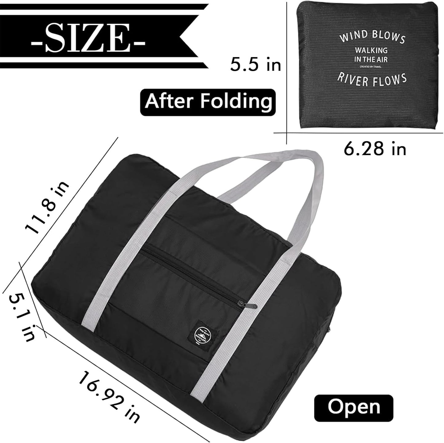 INVODA Travel Bag Carry on Luggage Foldable Duffel Bag Sports Gym Bag Weekender Overnight Bag Water Resistant Nylon Travel Duffel for Men Women (Black)