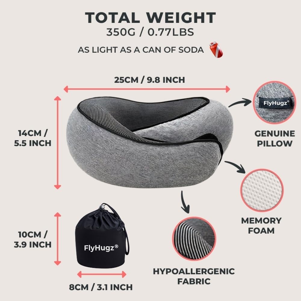 FlyHugz® Neck Travel Pillow Memory Foam Neck Pillow for Comfort on Airplane Compact and Ergonomic
