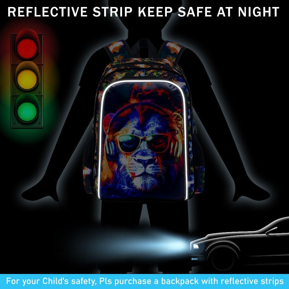 3PCS Boys Lion Bookbag, Water Resistant Kids Backpack with Lunch Box, 17" School Bag Set for Teenagers Middle Elementary - Sunglasses Lion