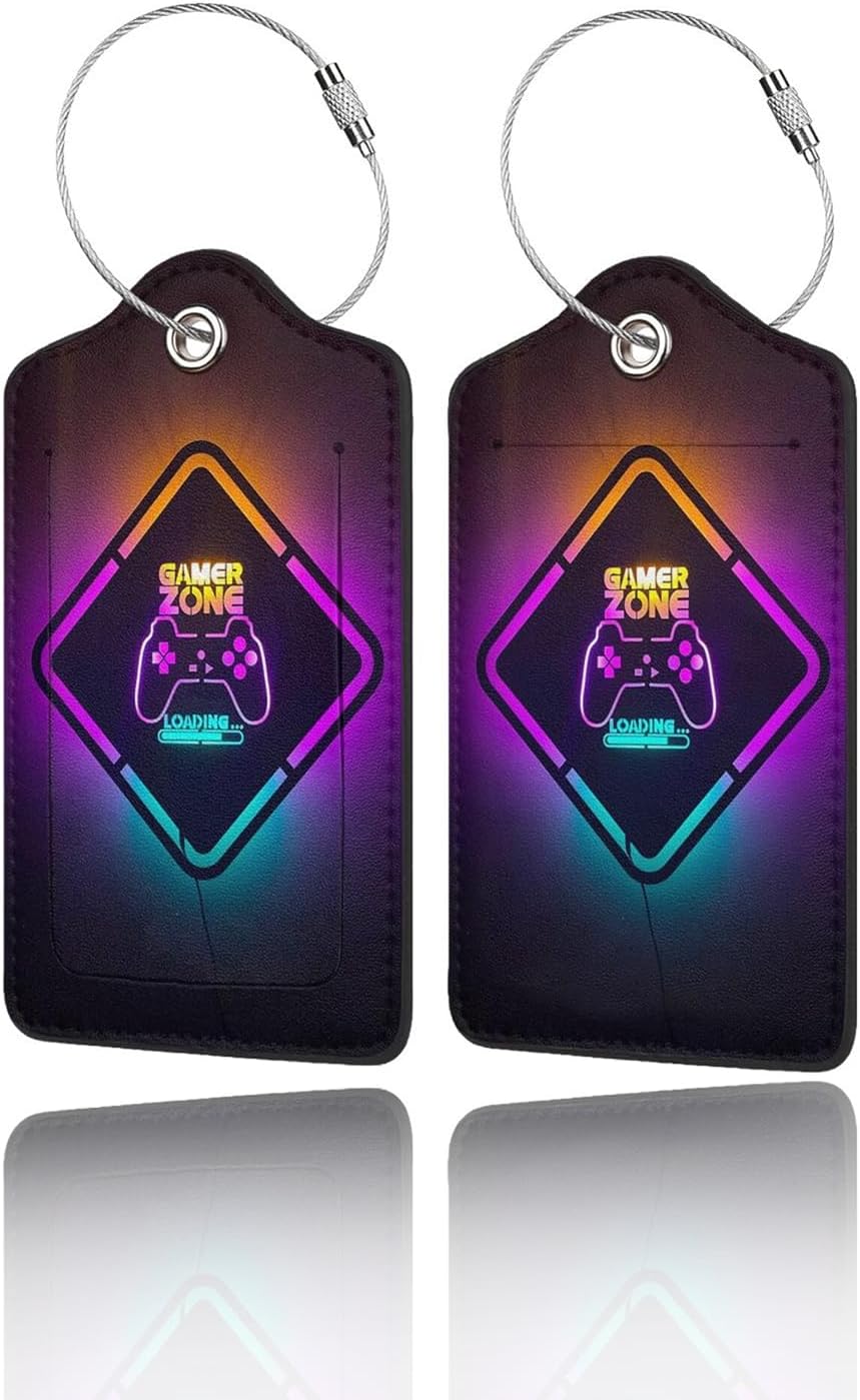 2 Pack Luggage Tags for Suitcase, Privacy Cover ID Label with Stainless Steel and Address Card for Travel Bag Backpack Cruise Ship Essentials Tag Men Boys - Neon Gamer Zone