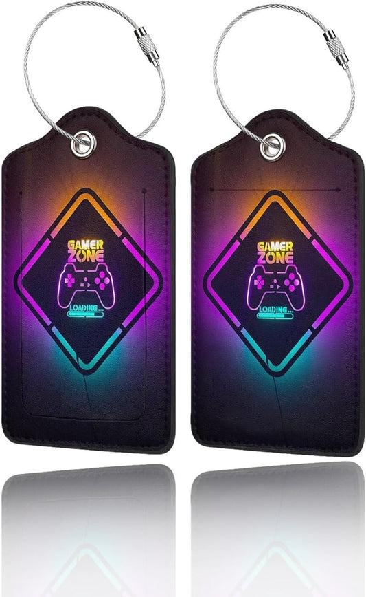 2 Pack Luggage Tags for Suitcase, Privacy Cover ID Label with Stainless Steel and Address Card for Travel Bag Backpack Cruise Ship Essentials Tag Men Boys - Neon Gamer Zone