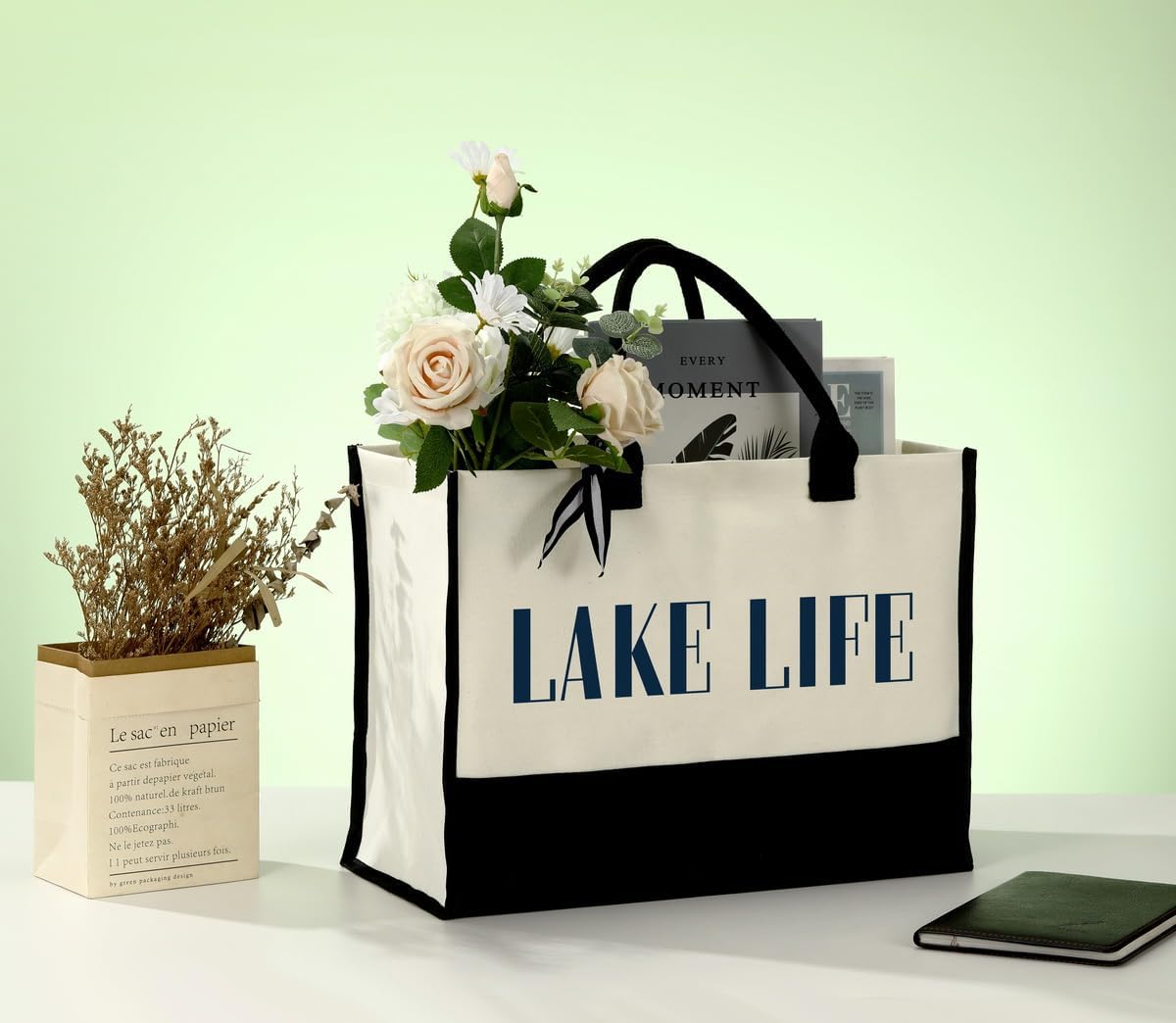 EDCTO Canvas Tote Bag, Cotton Canvas Tote Bag, Lake Trip Bag, Birthday Gifts for Women Friend Her, Canvas Tote Bags for Lake Life Lover, Canvas Beach Tote for Boating Weekend Holiday Overnight Travel