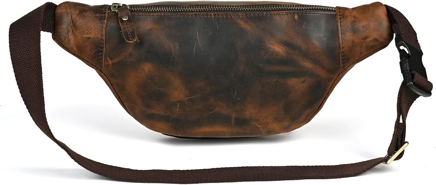 Thick Crazy Horse Leather Hiking Riding Travel Outdoor Belt Bag Fanny Waist Pack Small Phone Pouch For Men Women 380 (387 Brown)