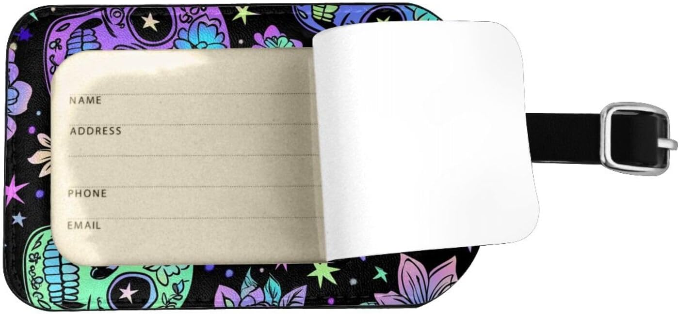 Purple Neon Skull Flowers Luggage Tag Leather Suitcase Tags Cute Luggage Identifiers for Suitcases Privacy Cover Travel Name Tag for Kids Adult