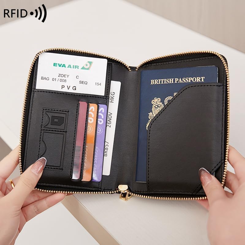 Genuine Leather Wallet Unisex Zipper Passport Holder RFID Blocking Waterproof - Vintage Travel Wallet (Black)