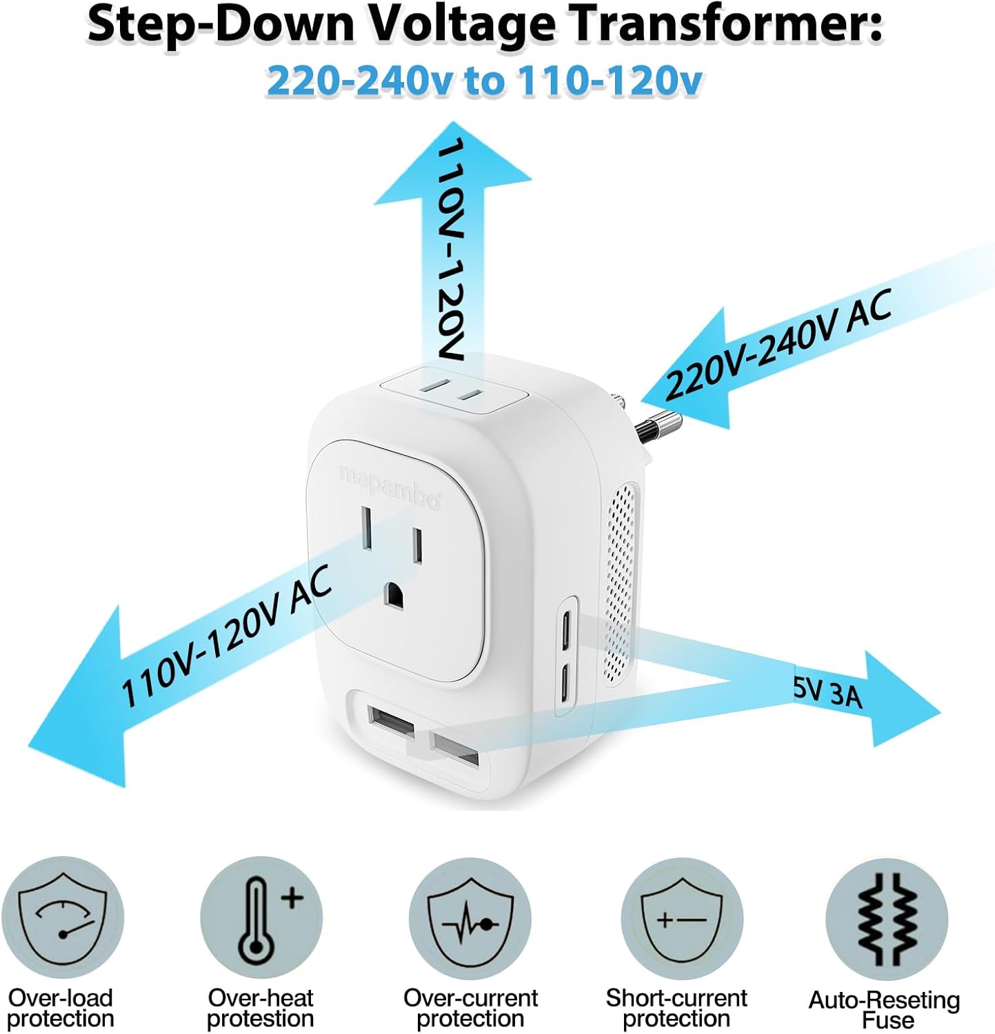 Mapambo 220V to 110V Voltage Converter US to Europe with 2 USB Port 2 USB C International Power Adapter Converter for European Travel Plug Adapter for US to France Germany Italy Spain (Jet Black)