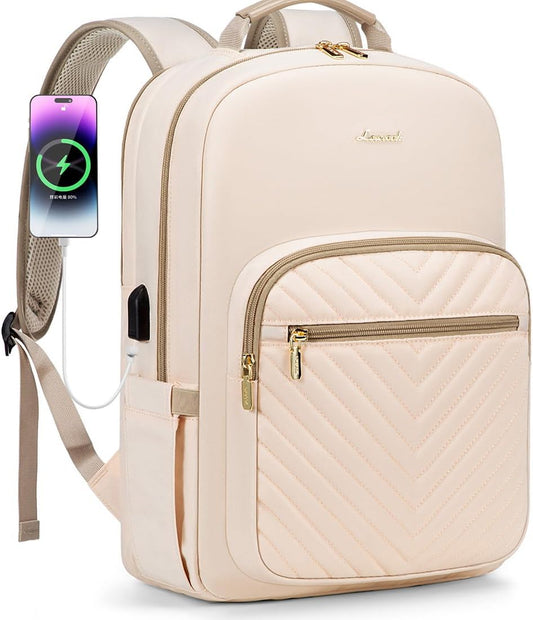 LOVEVOOK Laptop Backpack for Women 17.3 inch,Cute Womens Travel Backpack Purse,Professional Laptop Computer Bag,Waterproof Work Business College Teacher Bags Carry on Backpack with USB Port,Off-white