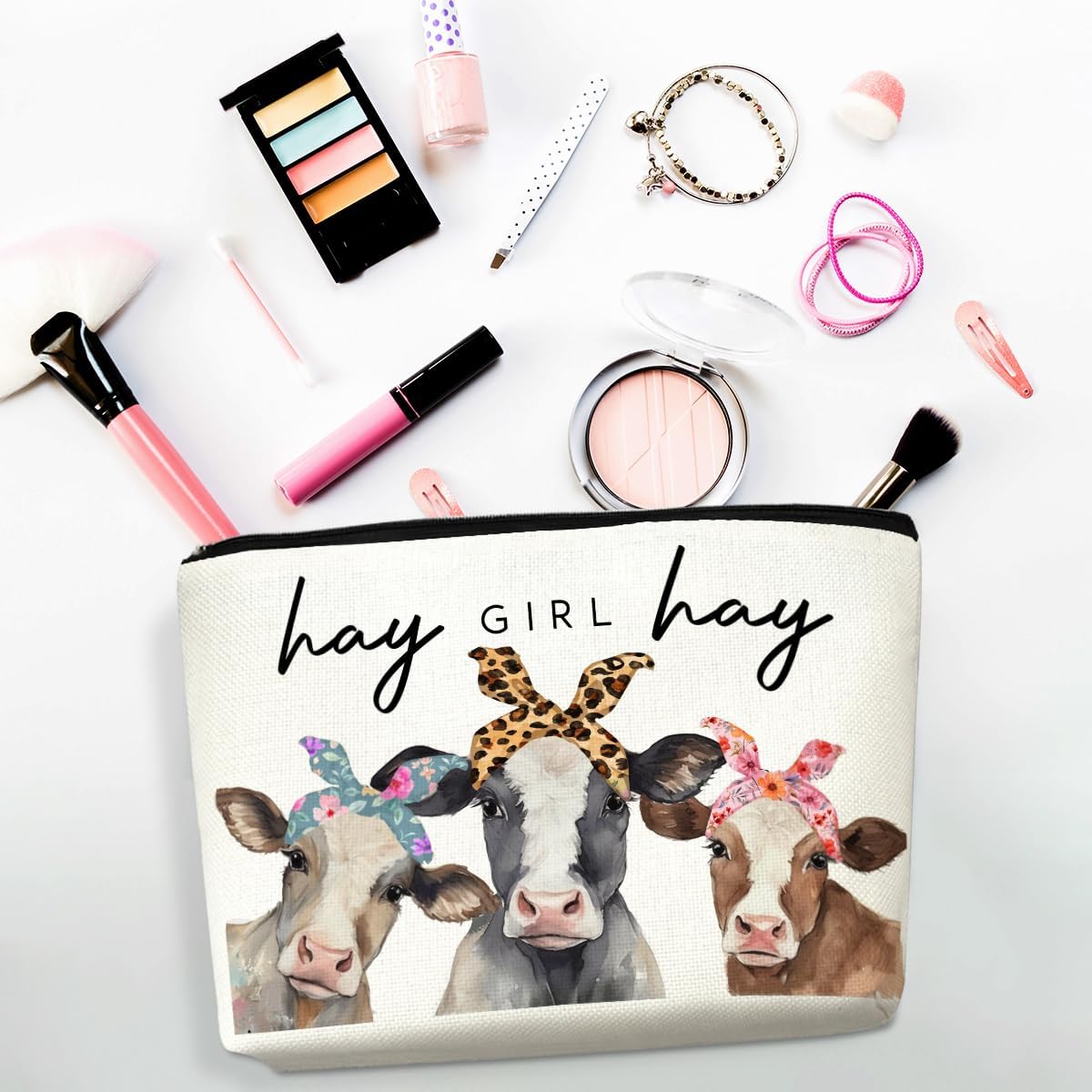 2pcs Cow Gifts Funny Western Makeup Bag Cow Print Stuff Cosmetic Bag Funny Graduation Birthday Western Gifts for Women Girls Sister Coworker Zipper Makeup Pouch