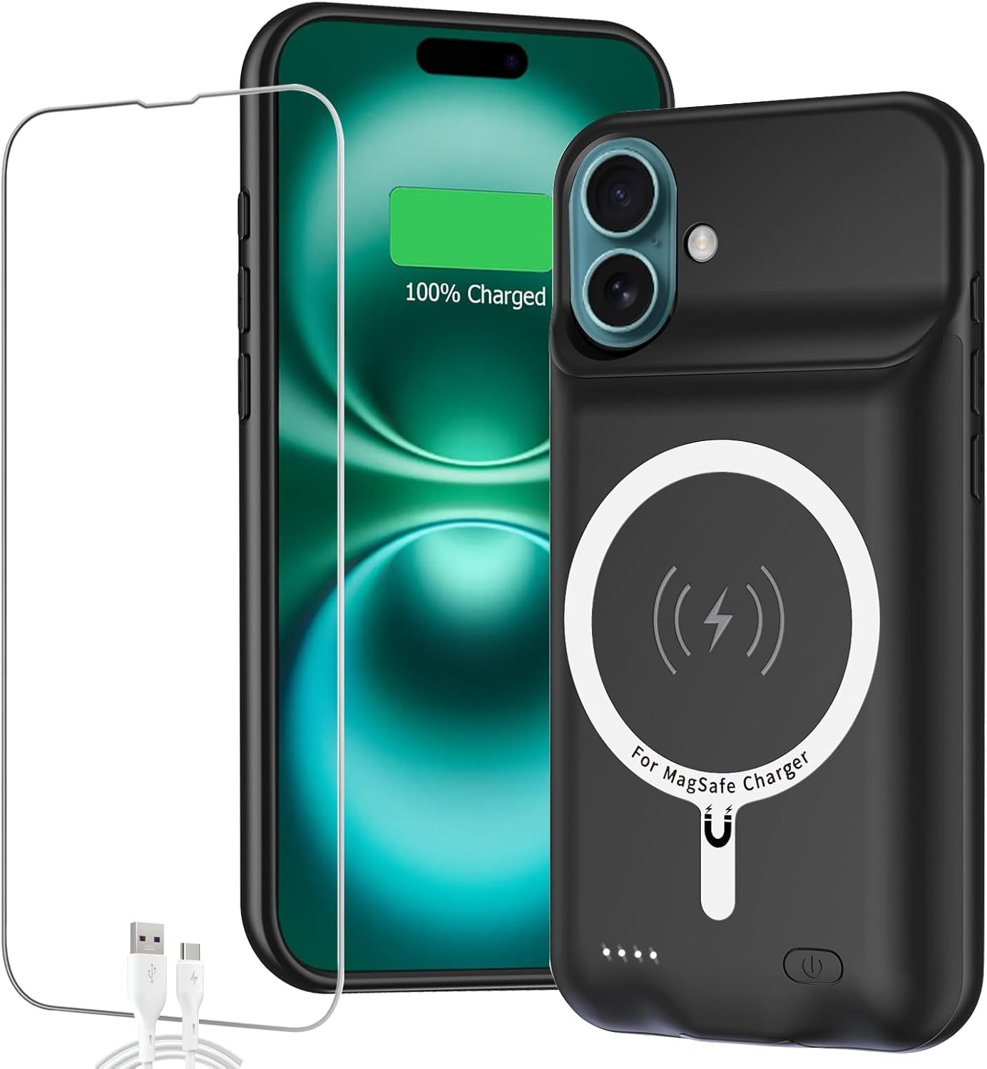 Battery Case for iPhone 16 Plus, Full Encircle 12000mAh High Capacity Rechargeable Portable Charger Case Extended Battery Pack for iPhone 16 Plus (6.7 inch) Wireless Charging Case with Carplay-Black