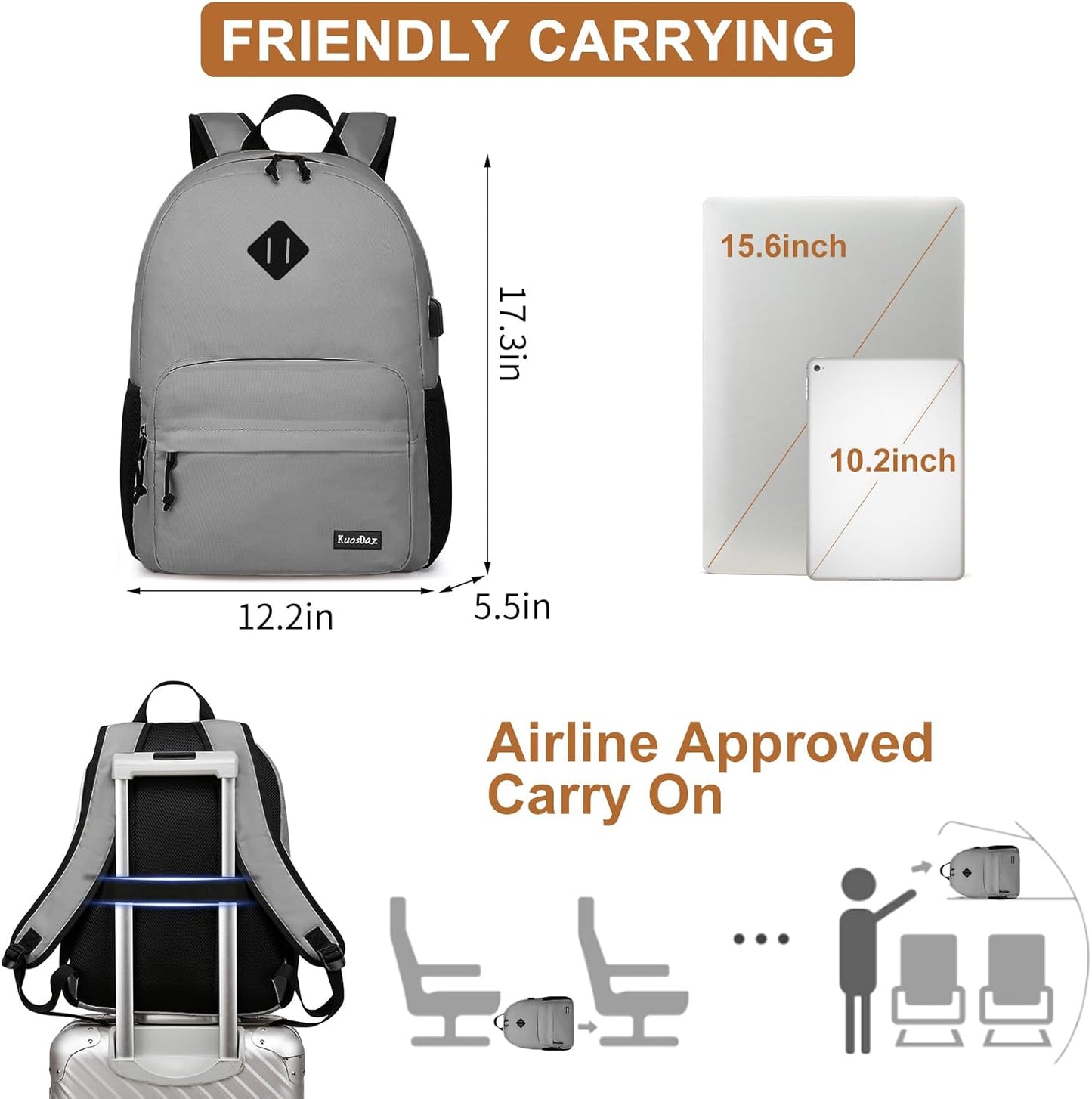 Backpack for School Teens Boys Girls, Lightweight Casual Backpacks for Men and Women, Classic Basic Water Resistant Casual Daypack, 15.6 Inch Laptop Backpack Bookbag for College High School, Grey