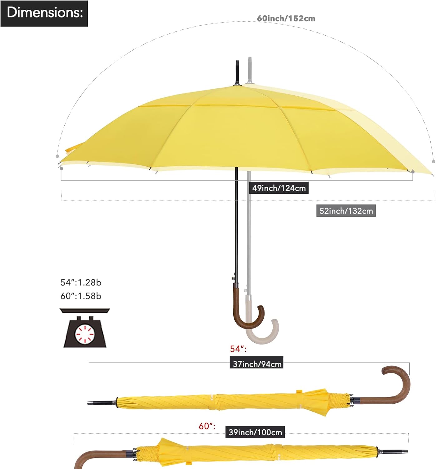 ZEKAR Wooden J-Handle Umbrella, 54/62 inch, Classic Large Windproof Stick Umbrella, Auto Open for Men and Women Golf umbrella (Yellow, 62”)