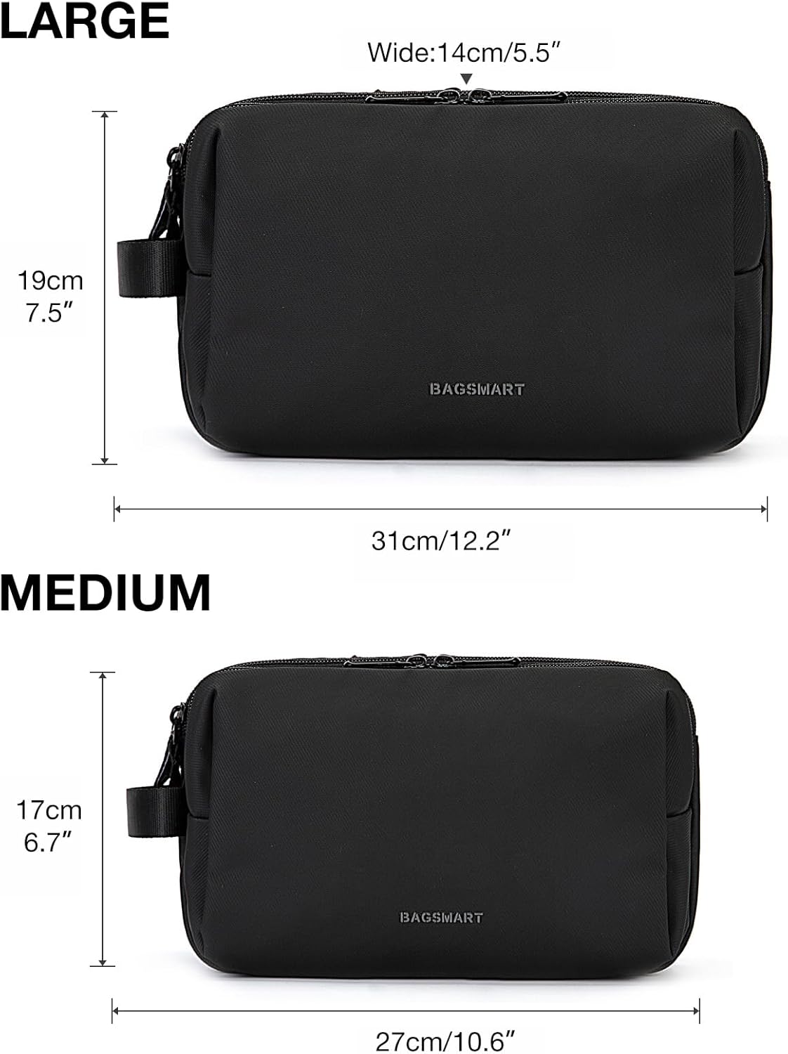 BAGSMART Toiletry Bag for Men, Travel Toiletry Organizer Dopp Kit Water-resistant Shaving Bag for Toiletries Accessories, Door Room Essentials,Black-large