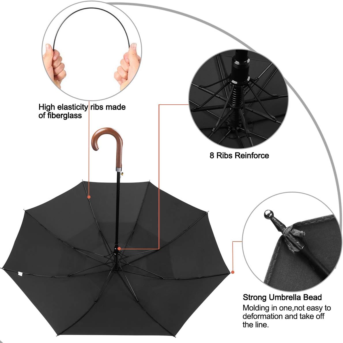 G4Free 52/62inch Wooden J Handle Golf Umbrella Windproof UV Protection Classic Stick Wedding Cane Umbrellas, Auto Open Cane Hook Handle