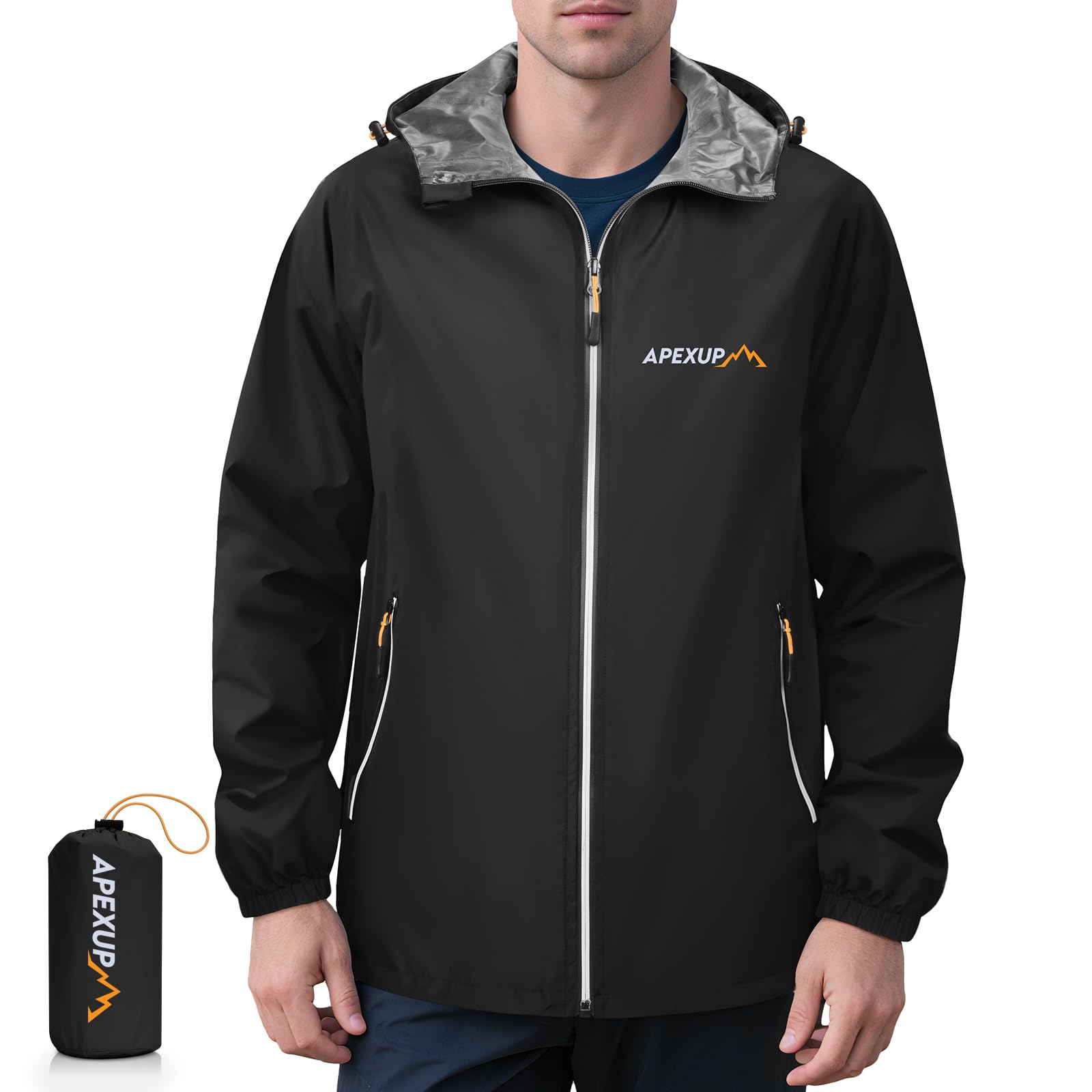 APEXUP Packable Rain Jacket Men with Reflective Zipper, Lightweight Waterproof Jacket Windbreaker