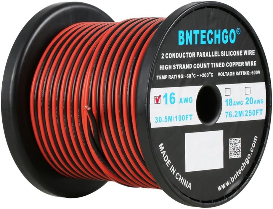BNTECHGO 16 Gauge Flexible 2 Conductor Parallel Silicone Wire Spool Red Black High Resistant 200 deg C 600V for Single Color LED Strip Extension Cable Cord,Model,100ft Stranded Tinned Copper Wire