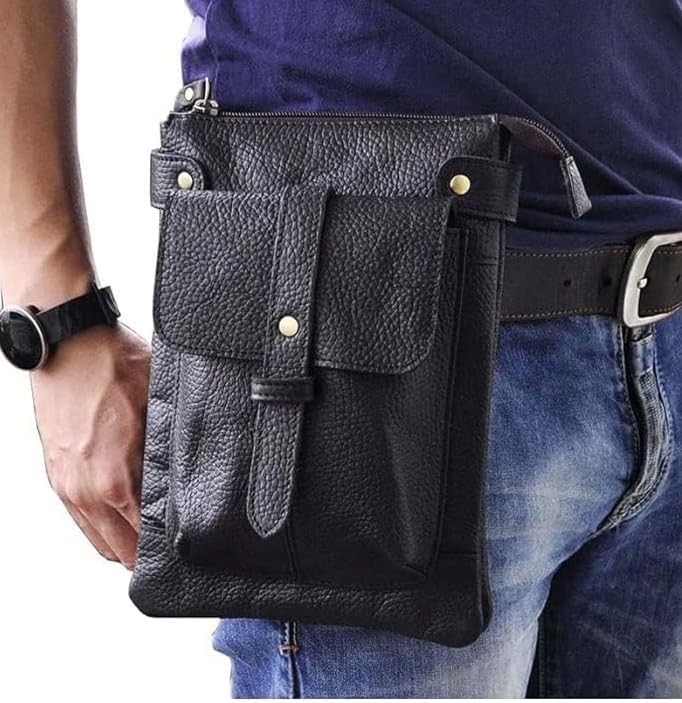 Men's Genuine Leather Small Messenger Shoulder Satchel - Adjustable Waist Bag