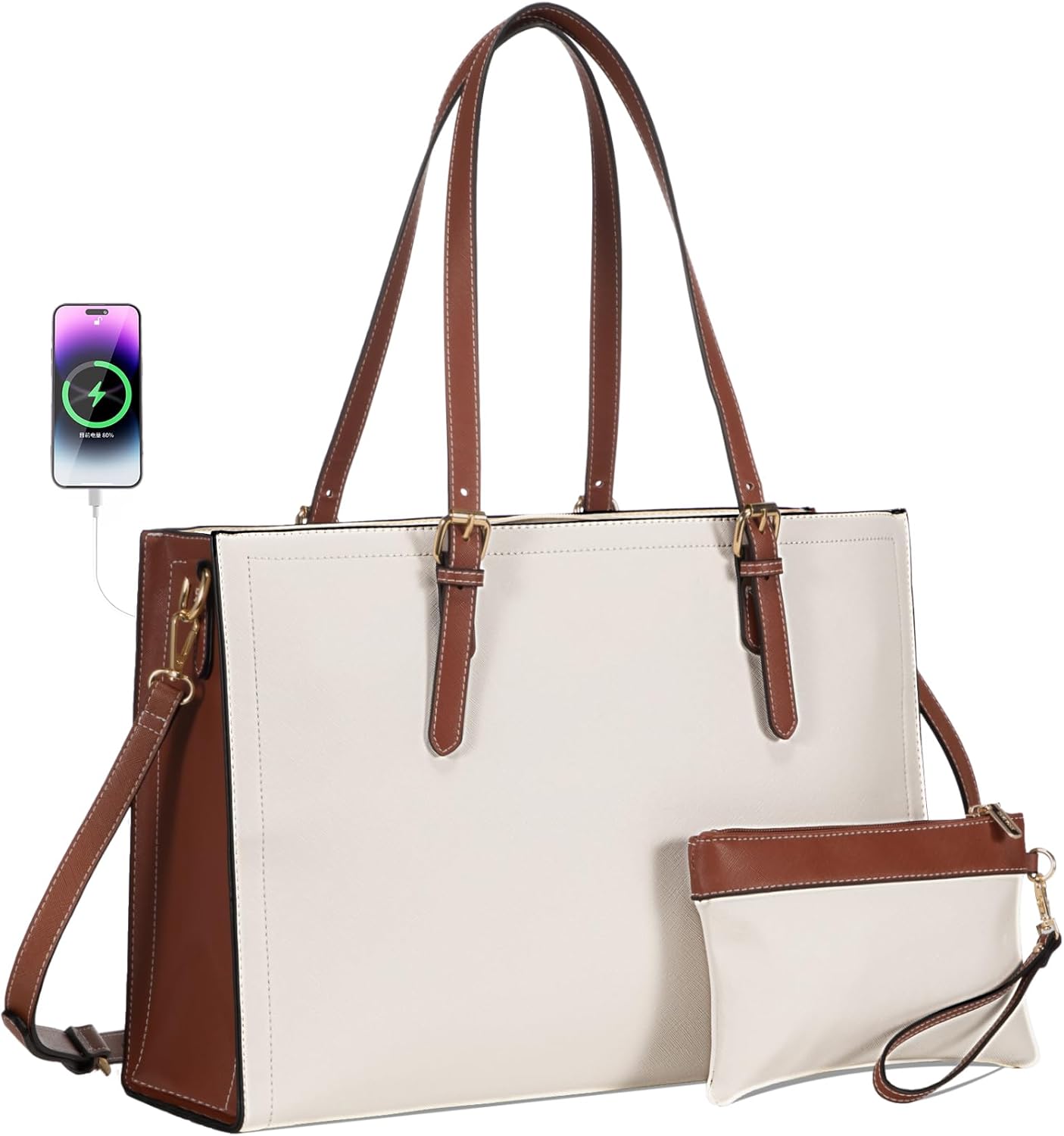 LOVEVOOK 15.6 Inch Laptop Bag for women, Large Waterproof PU Leather Work Briefcase with USB