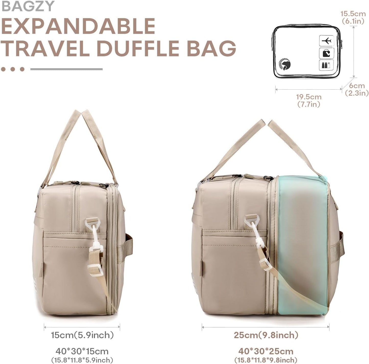 40x30x15cm Personal Item Travel Bag Expandable 40x30x25cm Gym Bag Lightweight Duffle Bag Mens Weekender Bags for Women with Wet Pocket for Overnight Hospital Carry on Bags for Airplanes Grey
