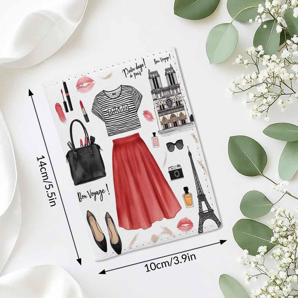 Paris Girl Style Passport Holder for Travel Shirt Shoes Eiffel Tower Bag Glasses PU Leather Passport Cover Wallet Cute Passport Card Holder for Women and Men