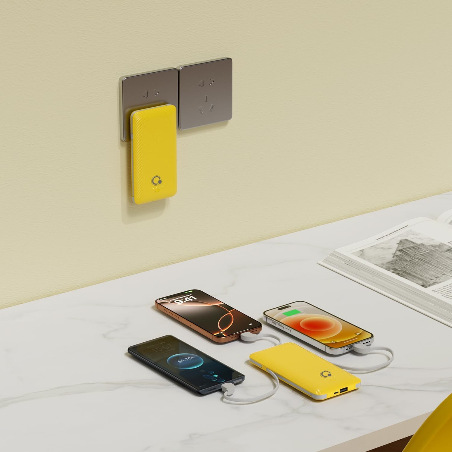 Q 10000mAh Power Bank, Slim Portable Charger,4 Output External Battery Pack with Built-in AC Wall