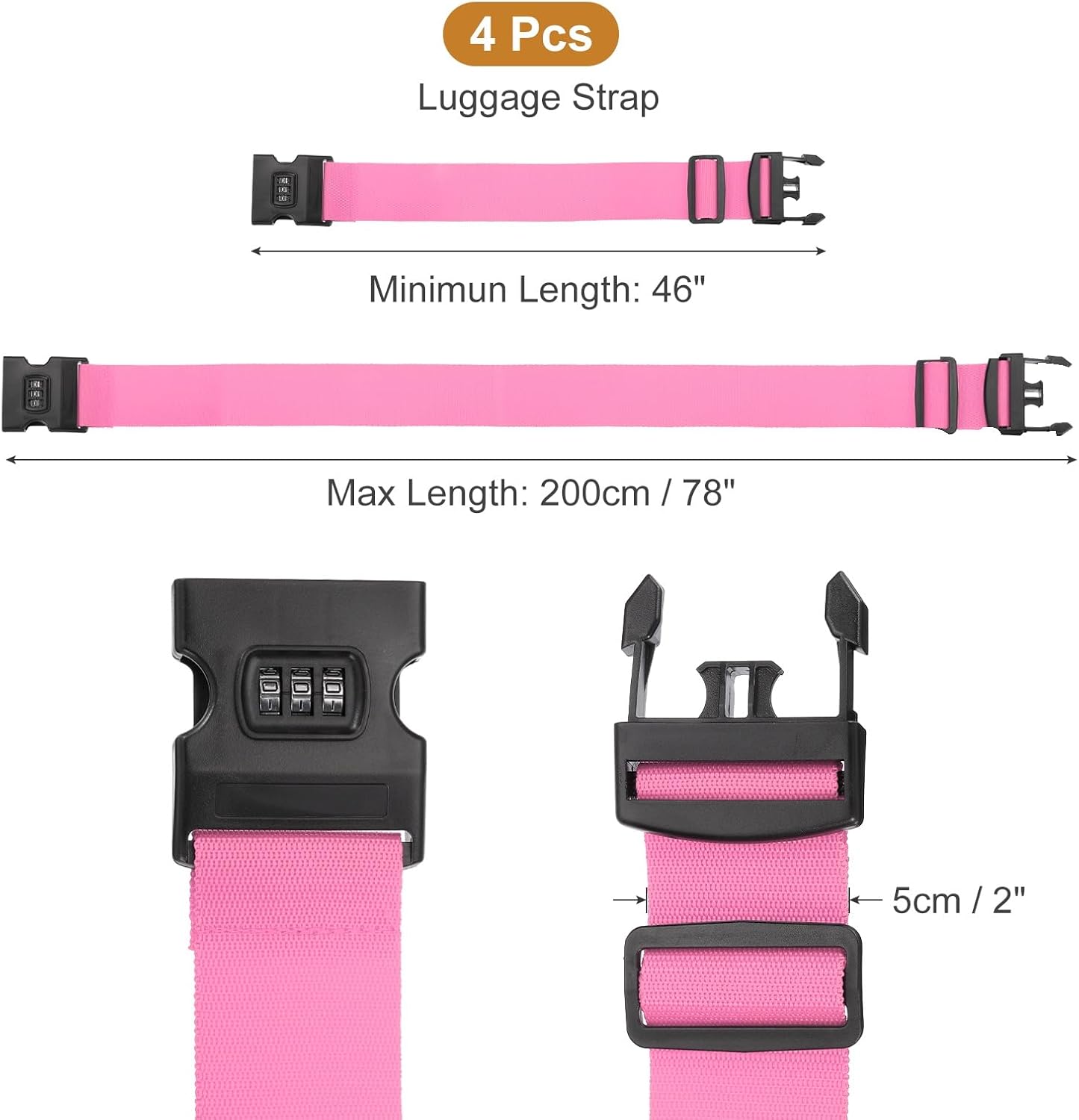 MECCANIXITY Luggage Straps with Combination Lock Adjustable Suitcase Belt Strap for Suitcase Briefcase Backpack Travel, Pink, Pack of 4