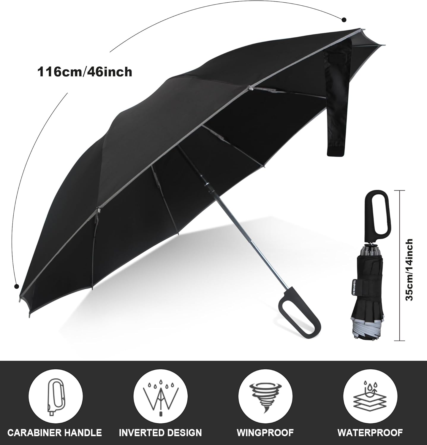 QWB TUMAAOTU Inverted Umbrella with Carabiner Handle, Wind Proof Umbrellas For Rain and Sun, 46 Inch Portable Reverse Folding UV Umbrella, Car Umbrella for Women Men, 10 Ribs