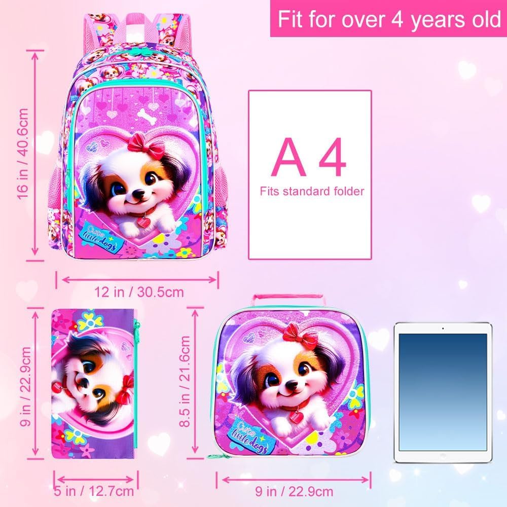 3PCS Girls Backpack, Kids Water Resistant Heart Bookbag Set with Lunch Box, Cute Kids School Bag for Preschool Toddler