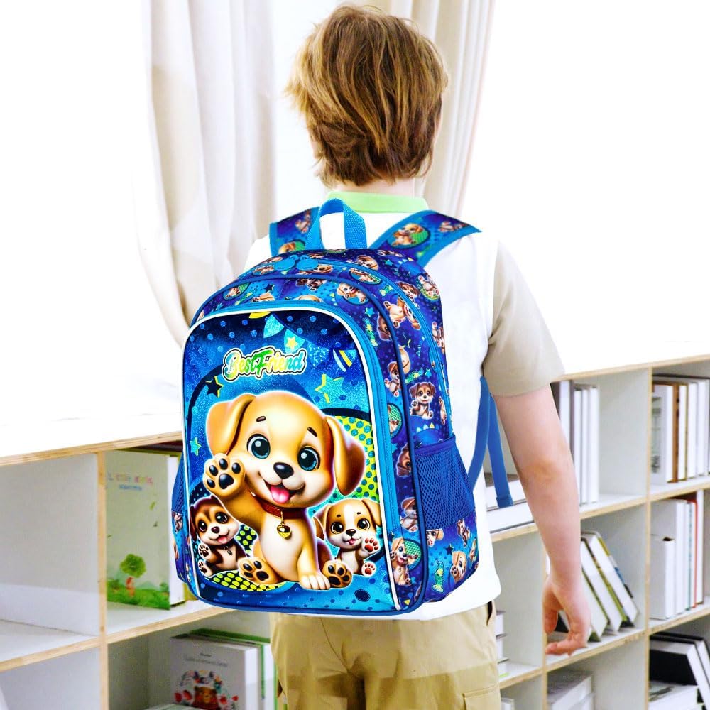gxtvo 3PCS Kids Dog Backpack, 16" Boys Bookbag with Lunch Box, Water Resistant Elementary Preschool Toddler School Bag