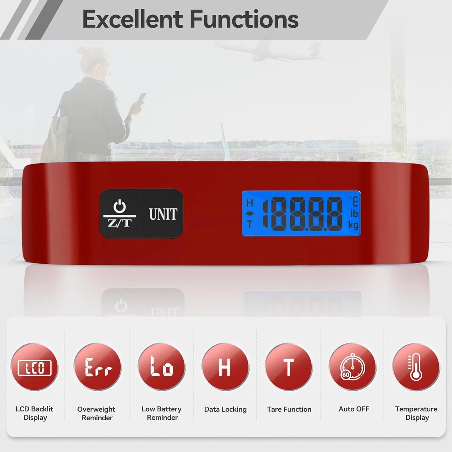 Luggage Scale, Dr.meter Luggage Weight Scale Backlight LCD Display PS02 110lb/50kg Electronic Balance Digital Postal Travel Accessories with Rubber Paint Handle Temperature Sensor, Red