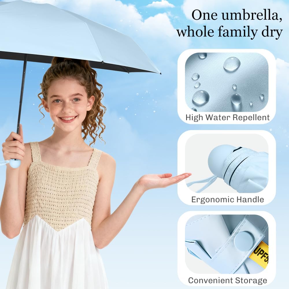 TOPSAIL Mini Umbrella Compact for Travel, UV Sun Protection(UPF50+), Waterproof for Light Rain, Suitable for Women & Kids With a Case, Manual Folding Small Pocket Size Ufor Backpack/Purse