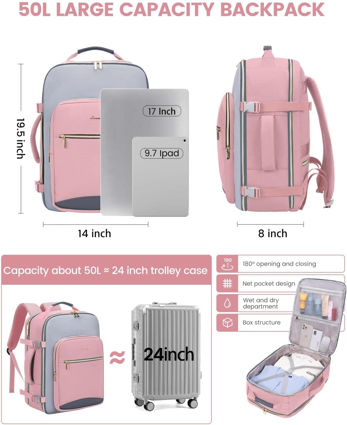 LOVEVOOK 50L Travel Backpack for Women & Men, Airline Approved Carry On Luggage with 3 Packing Cubes, TSA Overnight Bags, Waterproof Personal Item Bag, Weekender Essentials Backpacks fits 17" Laptop