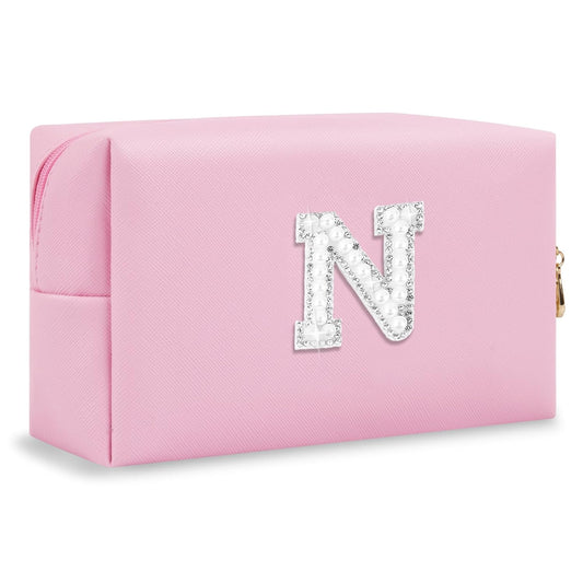 ChaoGreat Bride Gifts – Personalized Initial Makeup Bag with Pearl Rhinestone Patch, Preppy Pink Monogram Cosmetic/Toiletry Pouch, bridesmaid Gifts, Bridal Shower Gifts, Wedding Gifts, Bridal Gifts,N