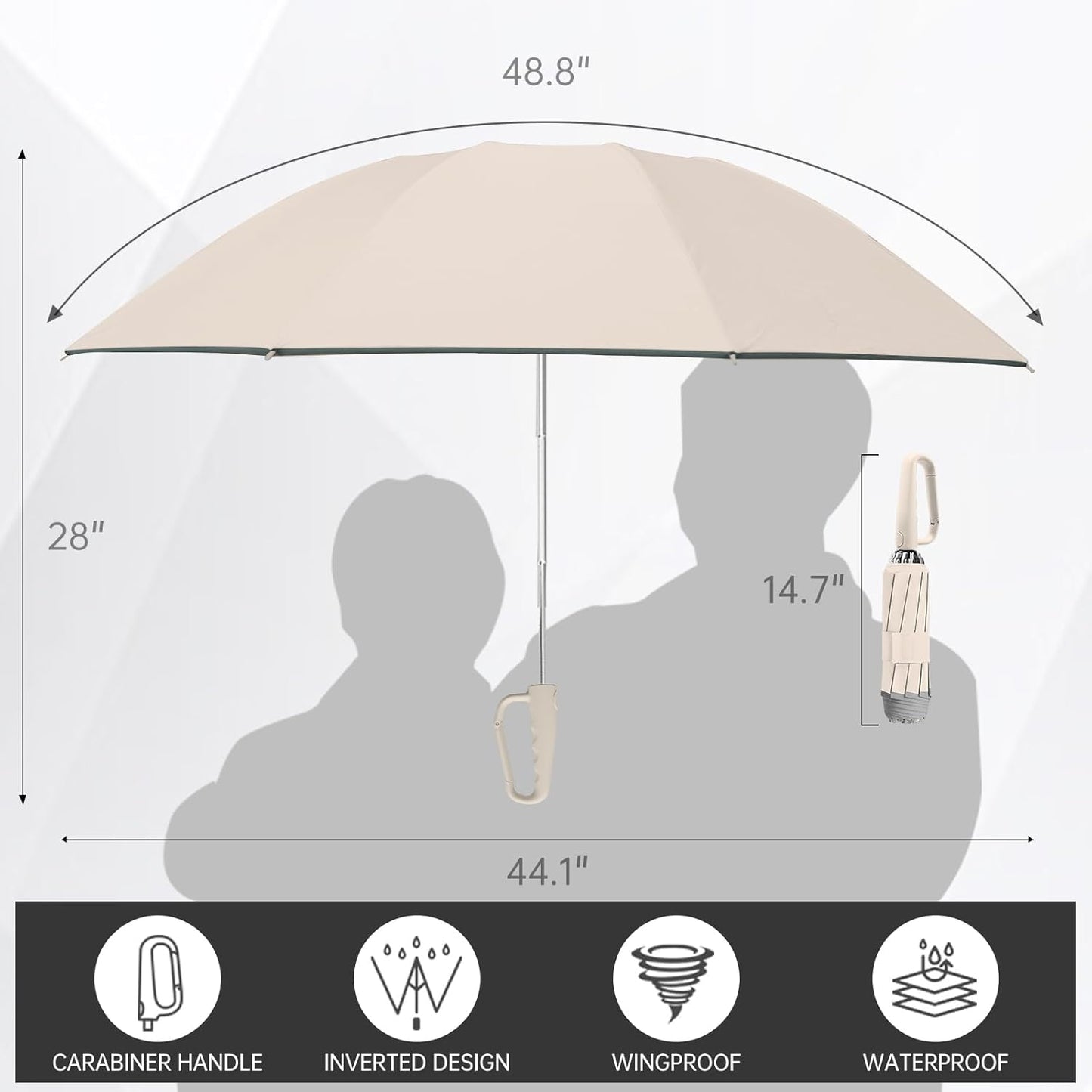 50in Inverted Folding Travel Umbrella – Windproof 10Ribs Upside Down Umbrella with Carabiner Handle, Rain Sun Protection for Women Men (Black)