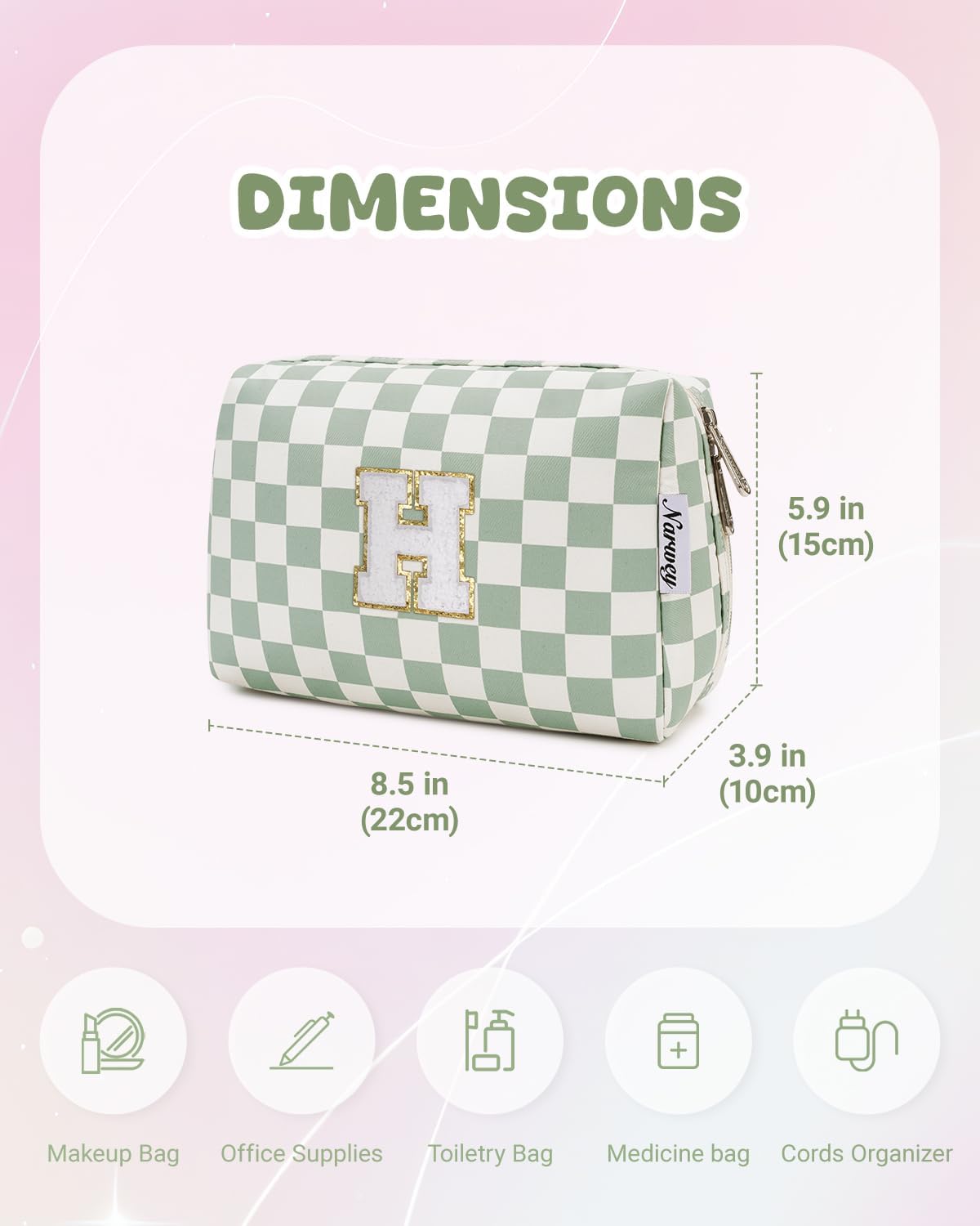 Narwey Birthday Gifts for Teen Girls Women Personalized Initial Checkered Makeup Bag Preppy Cosmetic Bag Trendy Stuff 6 8 10 11 12 13 14 16 18 Years Old Travel Toiletry Bag (Green Letter H)