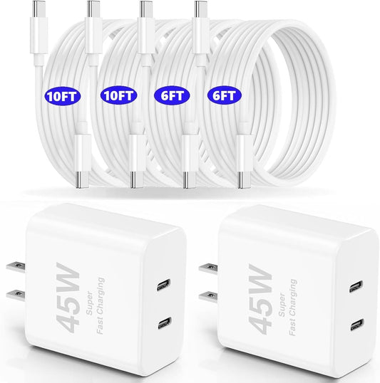 Dual Port 45W iPhone 17 16 15 Fast Charger Block and 6ft 10ft Type C to USB C Cable Cord Long, iPad Wall Charging Plug Cube Brick for Apple iPhone 17 Pro Max/17 Air/16 e/16 Pro/15 Plus/15 Mini/Samsung