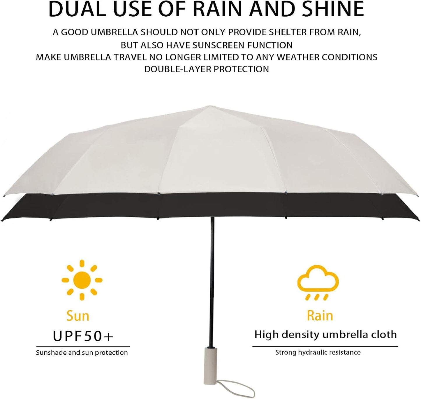 Large Automatic Umbrella - Windproof Travel Compact Folding Umbrella with Automatic Open & Close for Men and Women -creamy-black