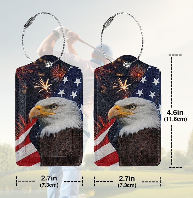 2 Pack Luggage Tags Travel American Flag Eagle PU Cute Leather Luggage Tag Name ID Labels with Privacy Cover Suitcases Women Men Girls Boys Fun Laggage Tags (American Eagle Flag)