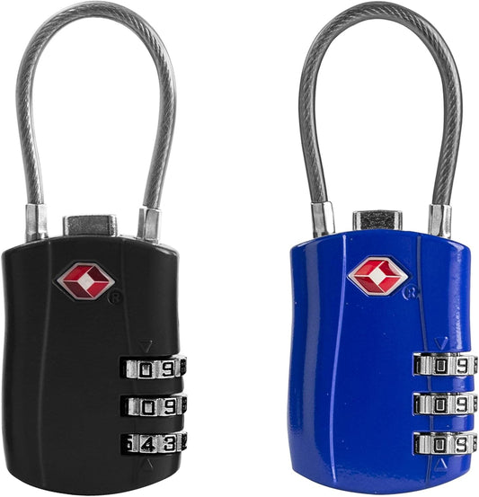TSA Locks for Luggage, Small Padlock Combination with Cable, Luggage Locks TSA Approved, Combo Padlock with Code, for Travel Suitcase, Gym Locker, Gun Case, Backpack Zipper (Black+Blue)