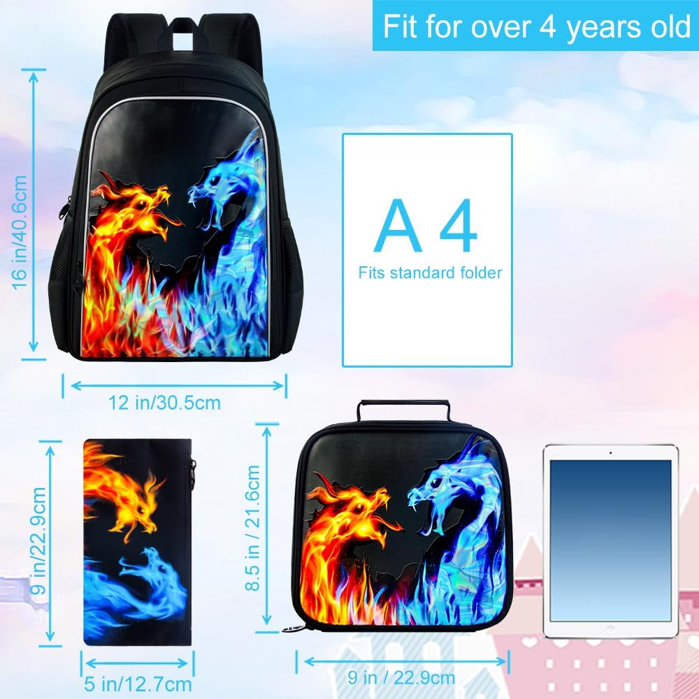 3PCS Dinosaur Backpack for Boys, 16 Inch Kids Water Resistant Preschool Elementary Kindergarten Bookbags and Lunch Box